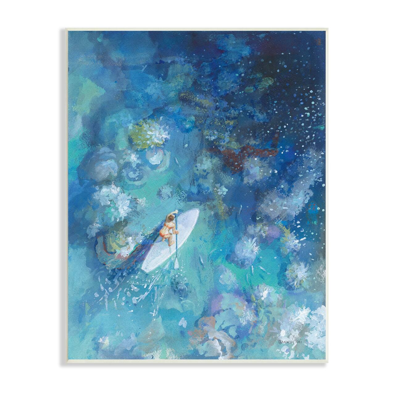 Stupell Industries Paddle Board Ocean Reef Tropical Scene Female Surfer Wall Plaque